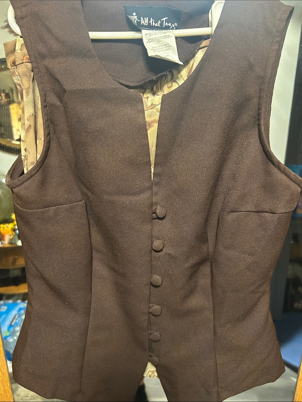 All That Jazz Brown Sleeveless Button-Front Vest With Patterned Satin Skirt View 5